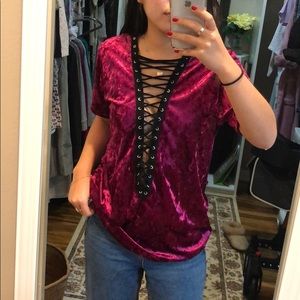 LF Pink velvet tie up shirt